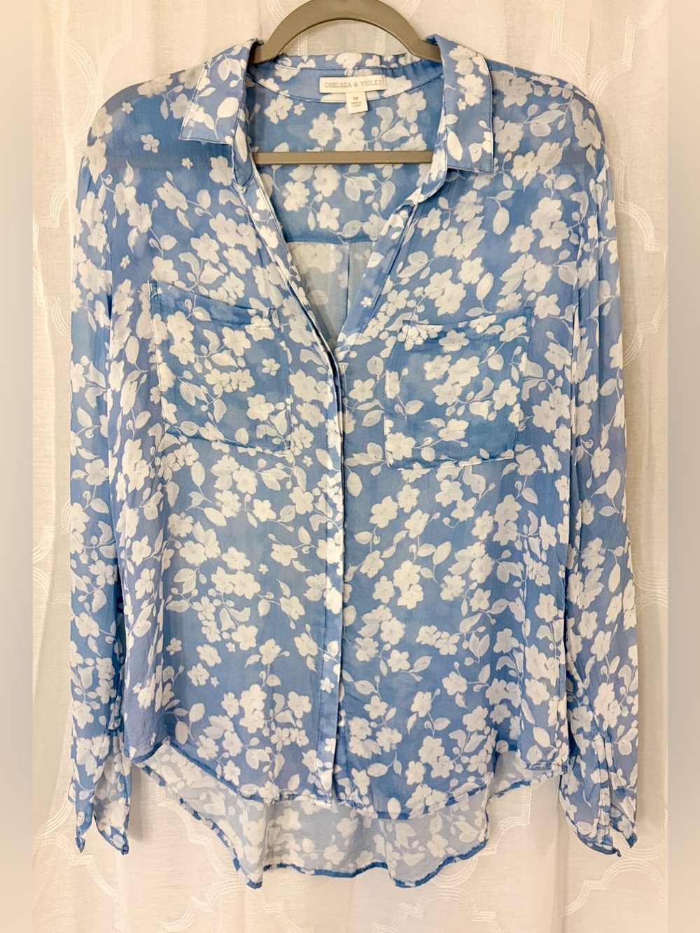Chelsea & Violet Blue Floral Sheer Button Front Blouse Medium